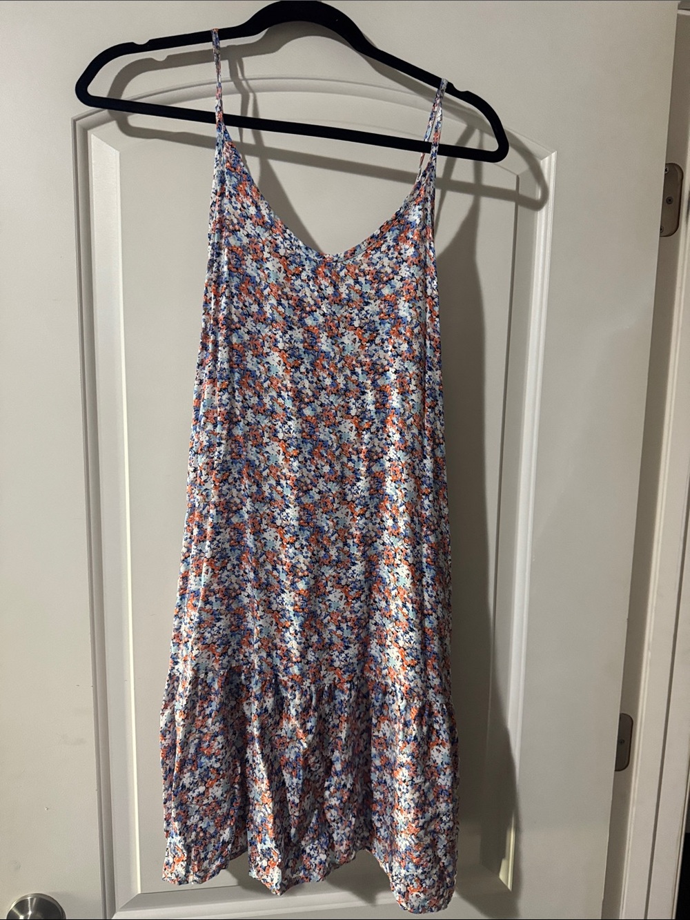 Floral Spaghetti-Strap Summer Dress in Blue & Orange size medium- with Pockets!